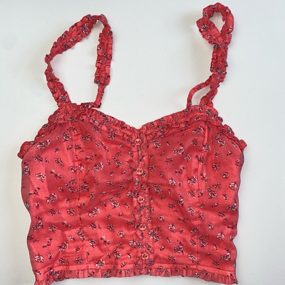 Abercrombie Coral Crop Top with Floral Pattern and Ruffle Accents